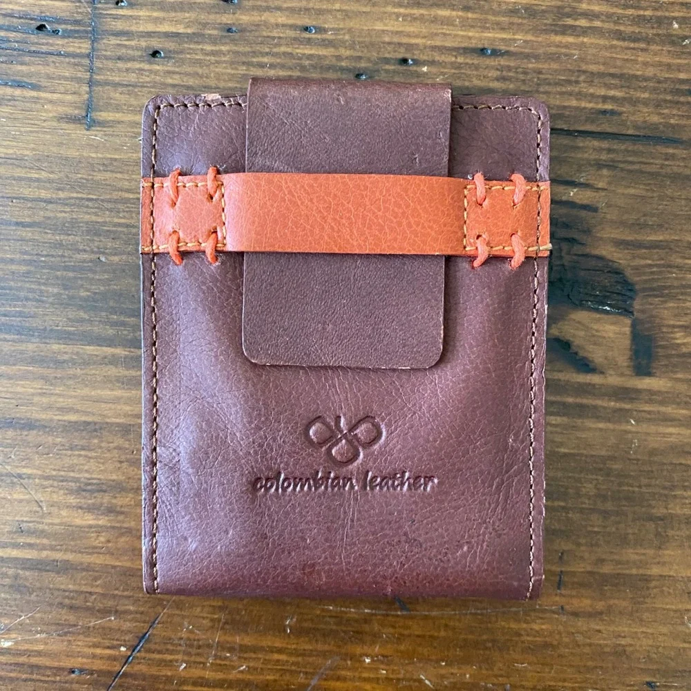 Colombian Leather Brown Bifold Wallet with Money Clip and Pull Tab Orange Accent